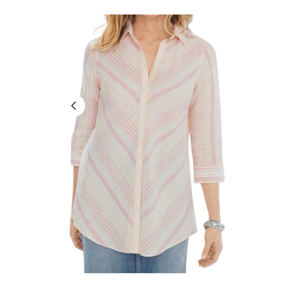Chico’s Striped 100% Linen Button up shirt Sz 3(XL)lightweight Resortwear Beach